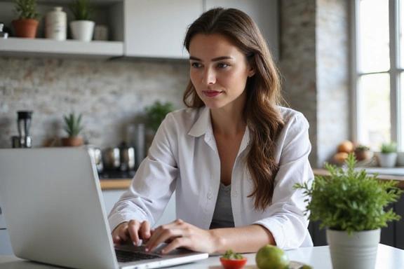 Kobieta rozmawiająca z dietetykiem online na laptopie