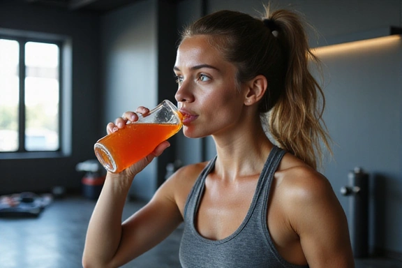 Sportowiec po treningu pije napój izotoniczny, w tle sprzęt sportowy